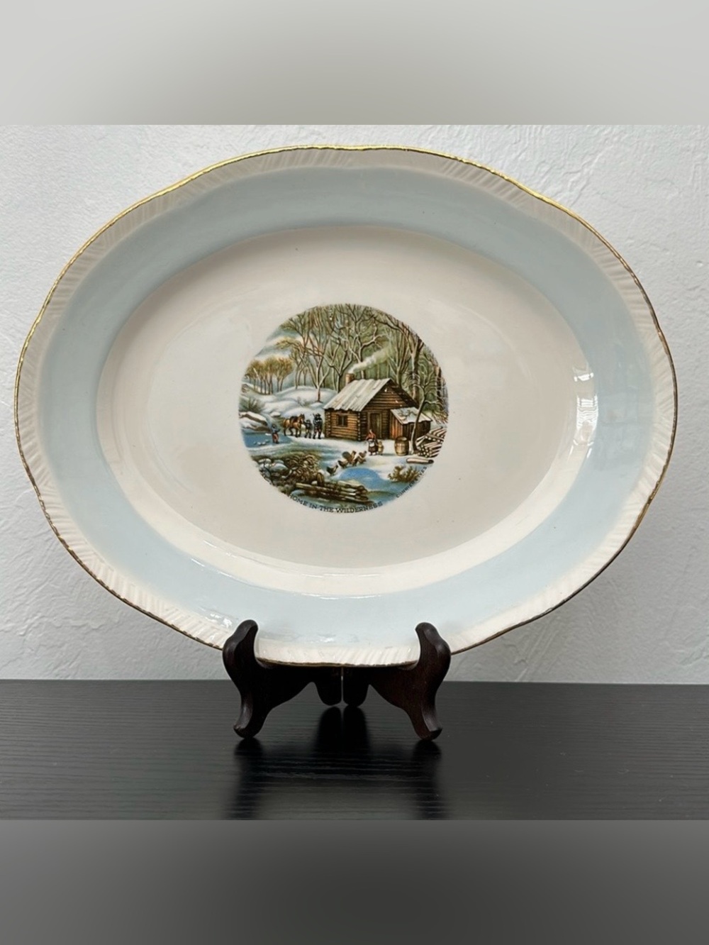 Currier & Ives by Homer Laughlin 11.5”Oval Serving Platter Gold Rim Vintage